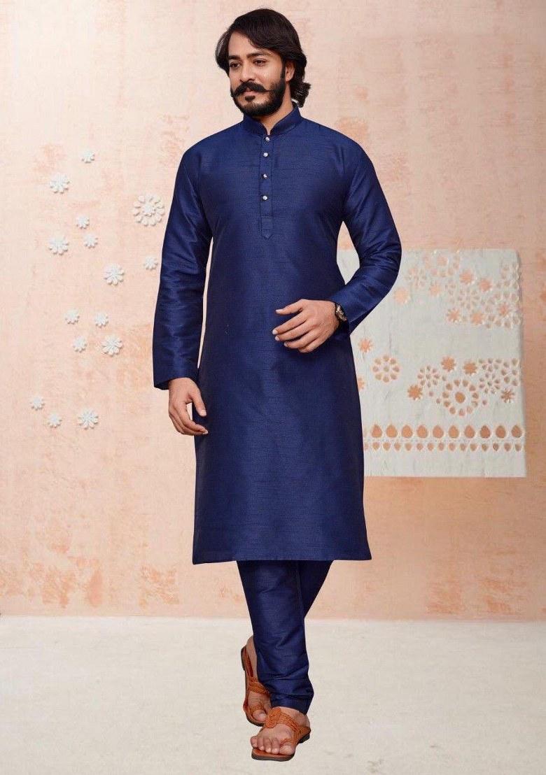 Navy Blue Embroidered Silk Kurta Pajama Set For Men