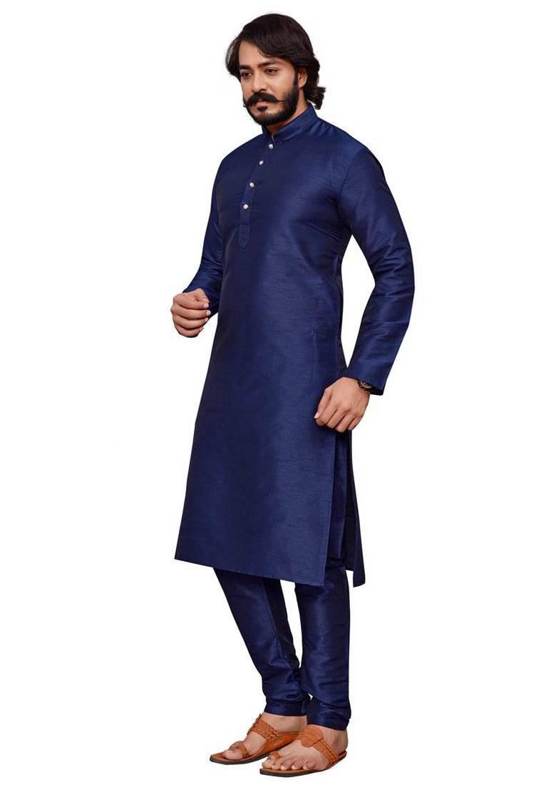 Navy Blue Embroidered Silk Kurta Pajama Set For Men