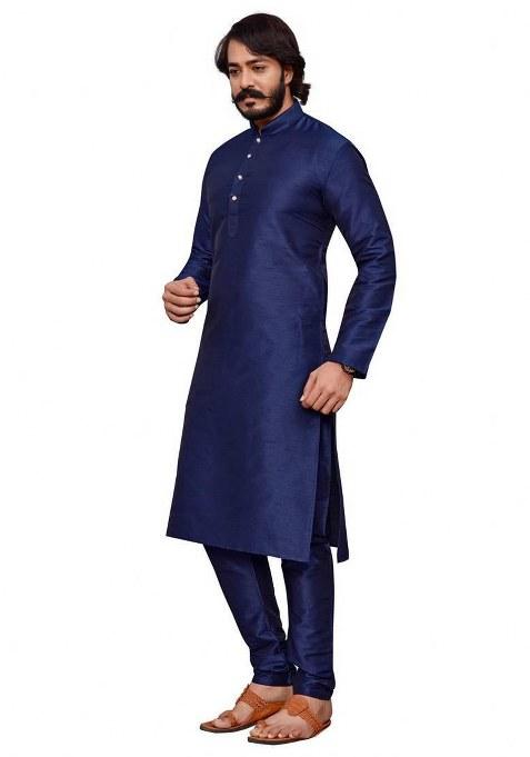 Navy Blue Embroidered Silk Kurta Pajama Set For Men