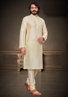 Cream Embroidered Silk Kurta Pajama Set For Men