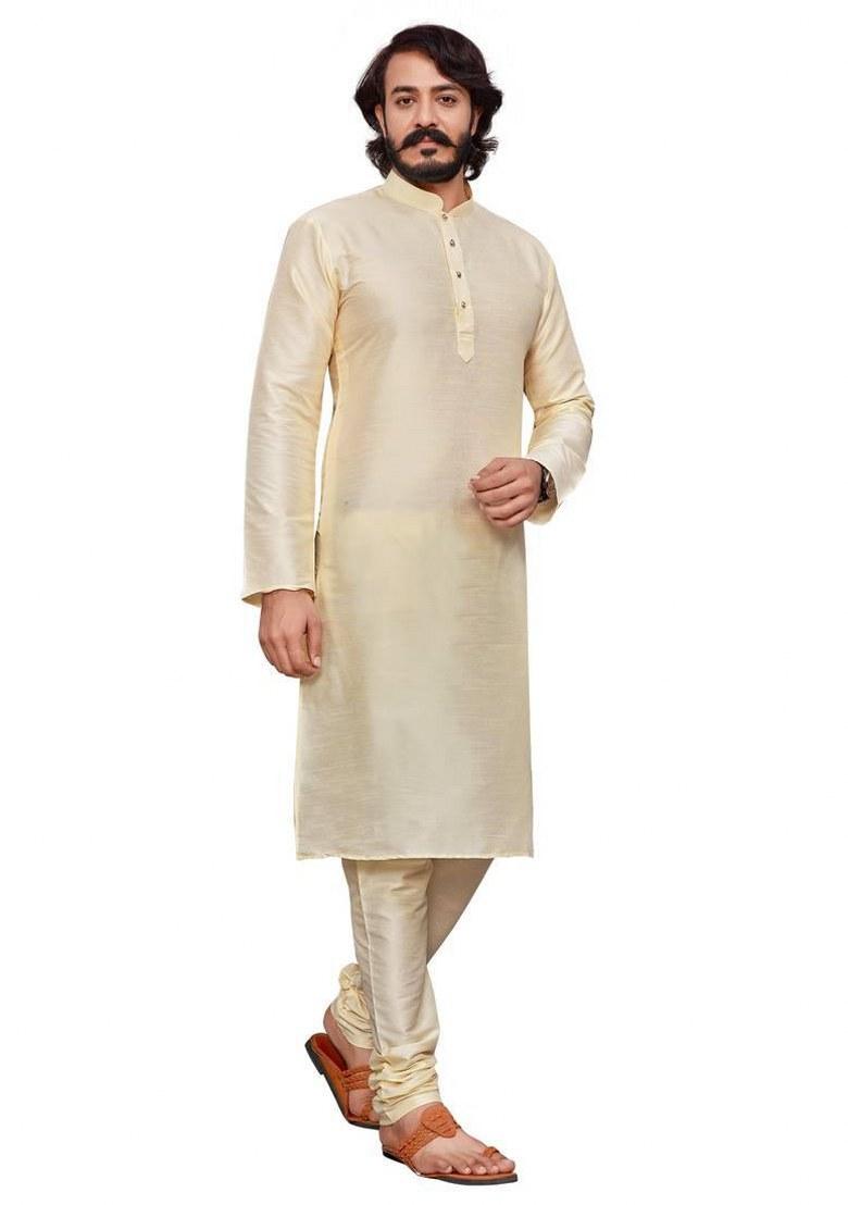 Cream Embroidered Silk Kurta Pajama Set For Men