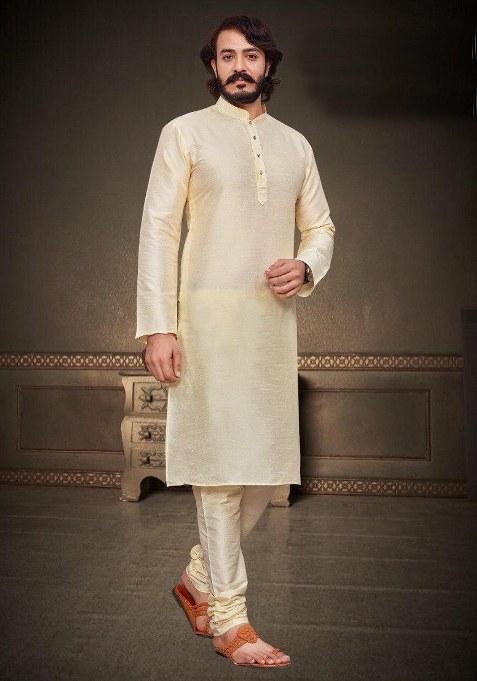 Cream Embroidered Silk Kurta Pajama Set For Men