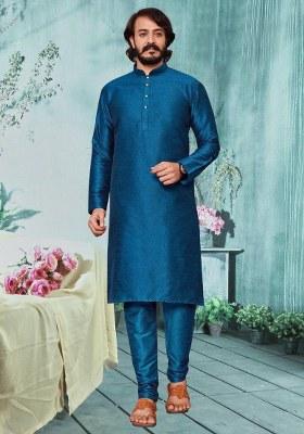 Blue Embroidered Silk Kurta Pajama Set For Men