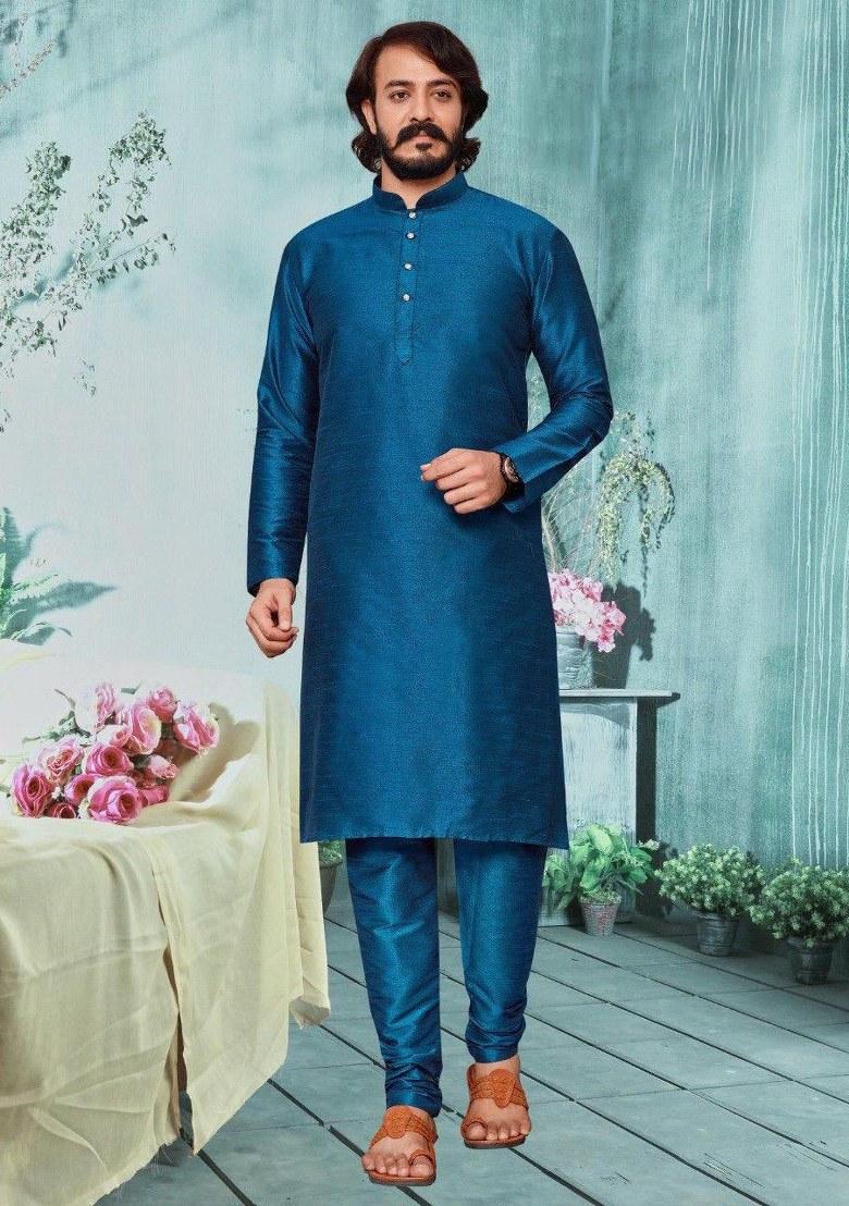 Blue Embroidered Silk Kurta Pajama Set For Men