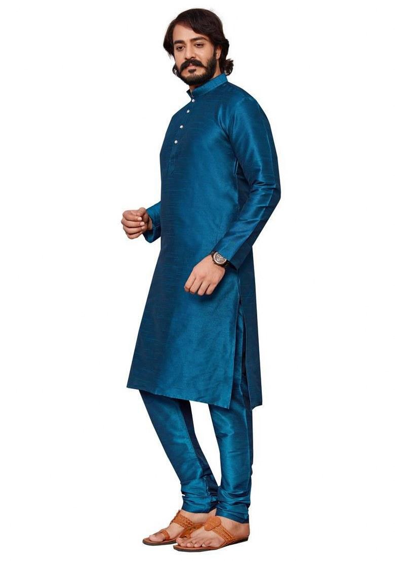 Blue Embroidered Silk Kurta Pajama Set For Men