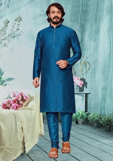 Blue Embroidered Silk Kurta Pajama Set For Men