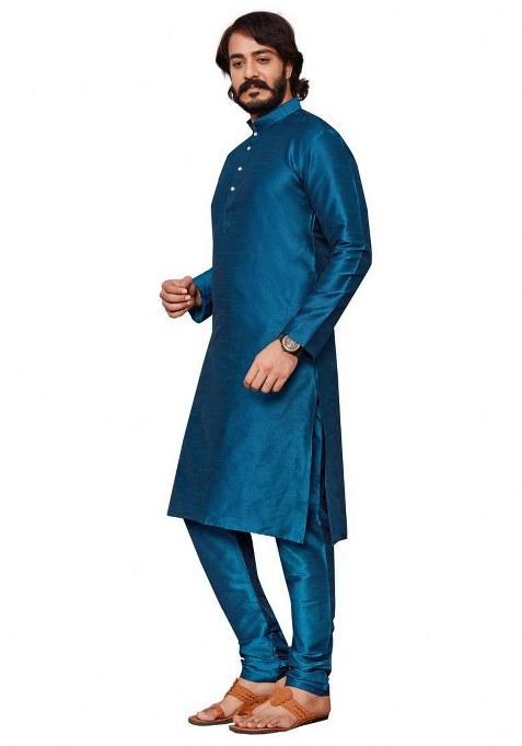 Blue Embroidered Silk Kurta Pajama Set For Men