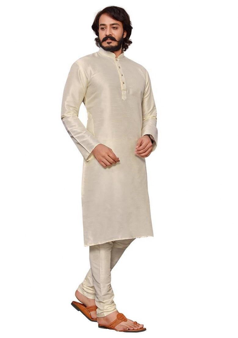 White Embroidered Silk Kurta Pajama Set For Men