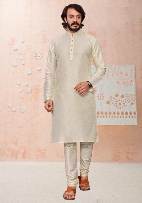 White Embroidered Silk Kurta Pajama Set For Men