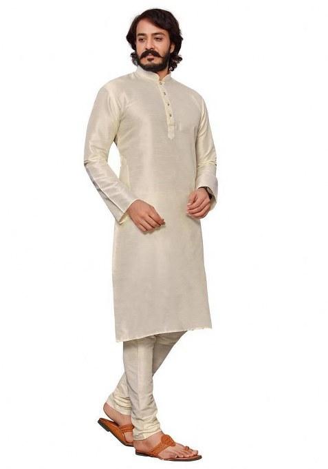 White Embroidered Silk Kurta Pajama Set For Men