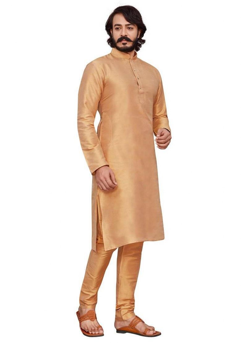 Beige Embroidered Silk Kurta Pajama Set For Men