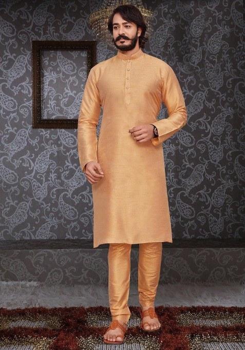 Beige Embroidered Silk Kurta Pajama Set For Men