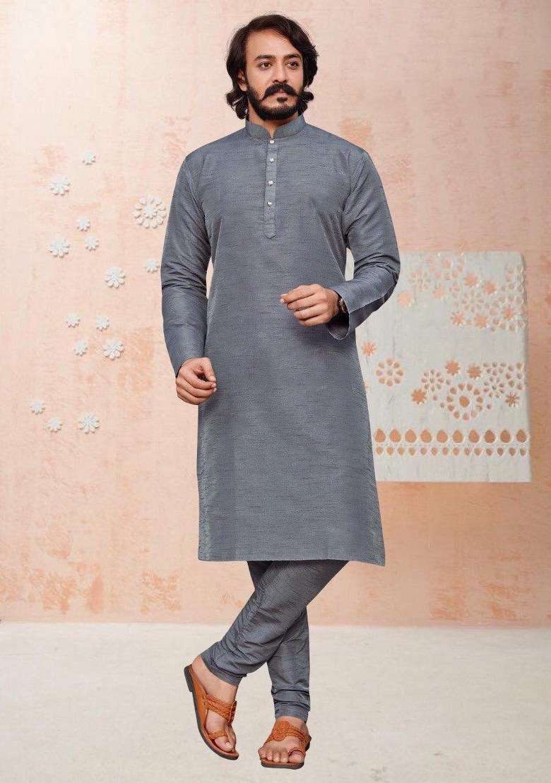 Grey Embroidered Silk Kurta Pajama Set For Men - Indya