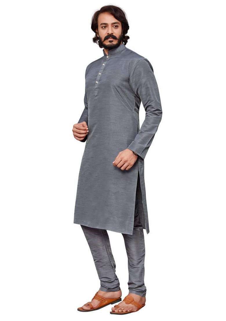 Grey Embroidered Silk Kurta Pajama Set For Men - Indya