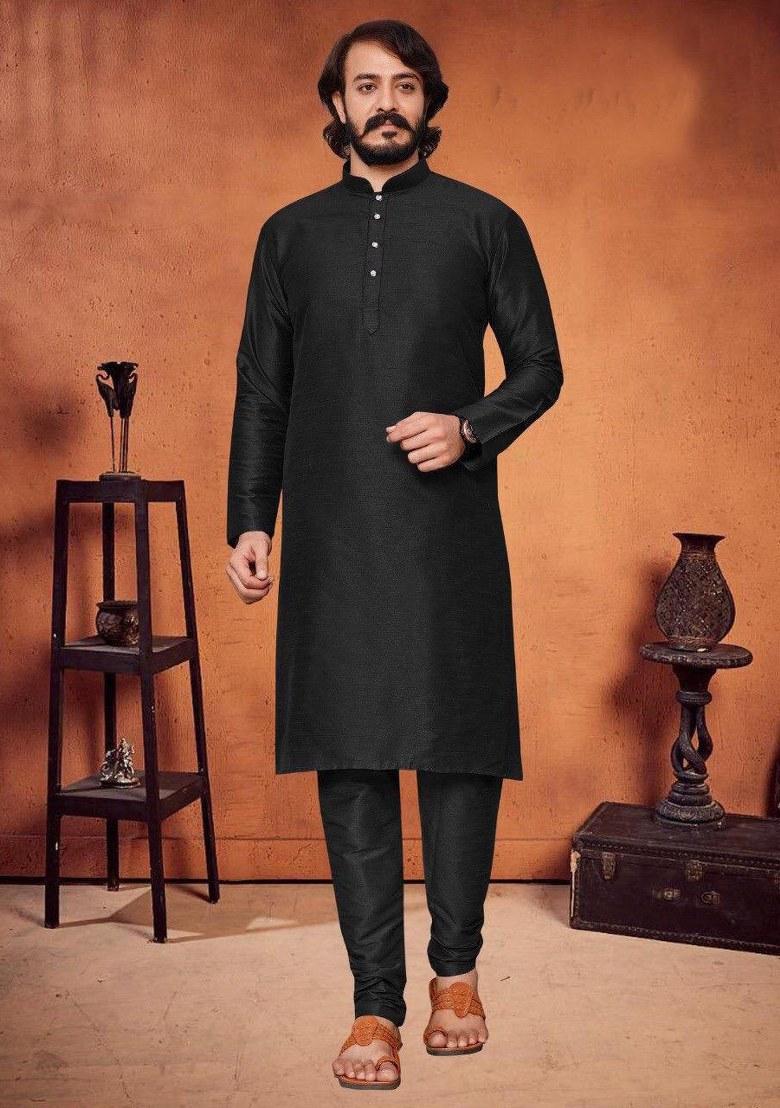 Black Embroidered Silk Kurta Pajama Set For Men