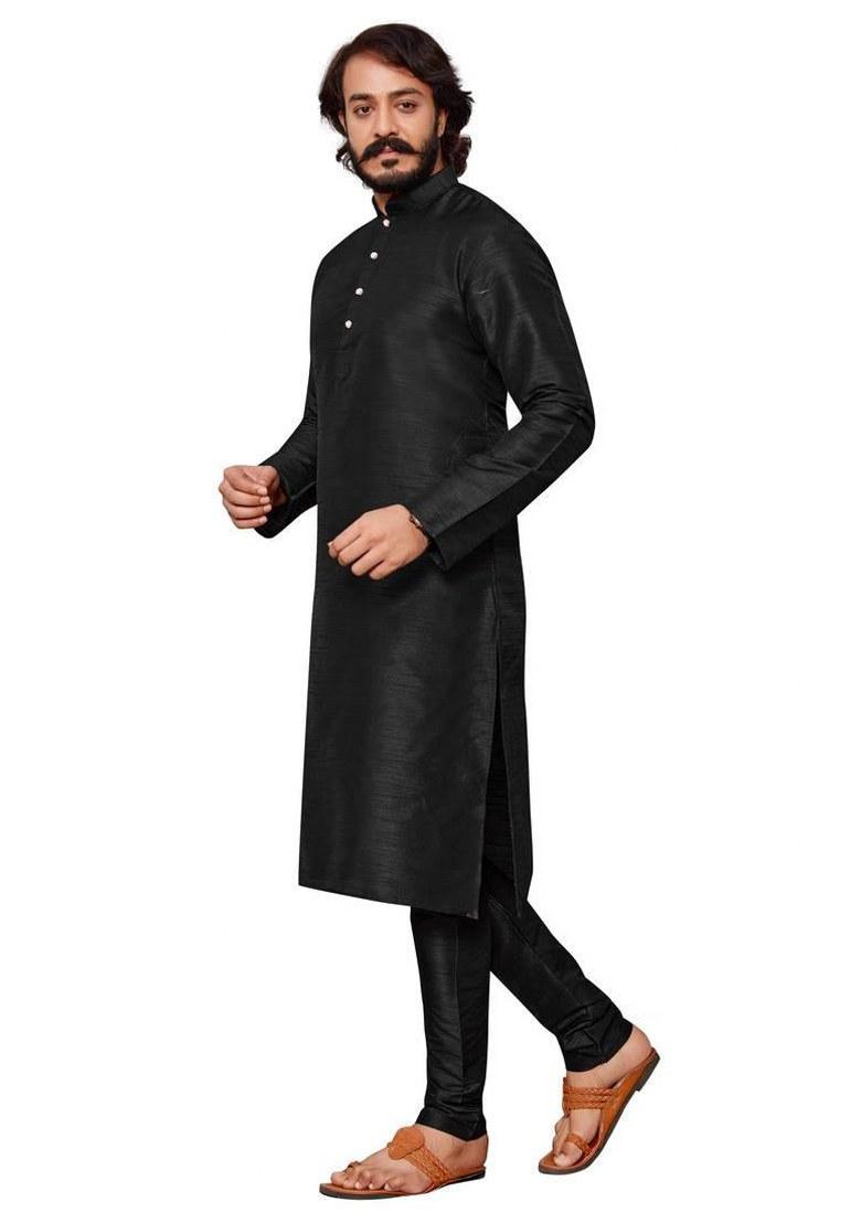 Black Embroidered Silk Kurta Pajama Set For Men