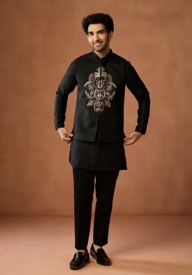 Black Embroidered Silk Blend Jacket For Men
