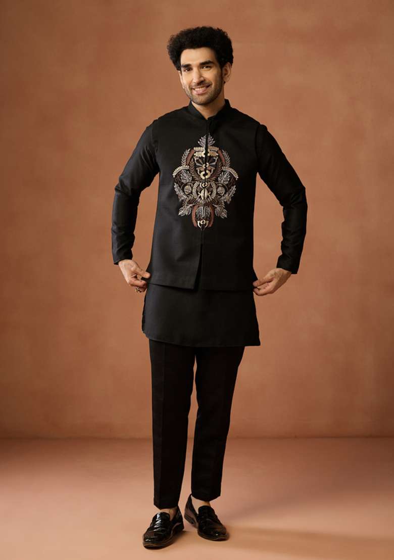 Black Embroidered Silk Blend Jacket For Men - Indya