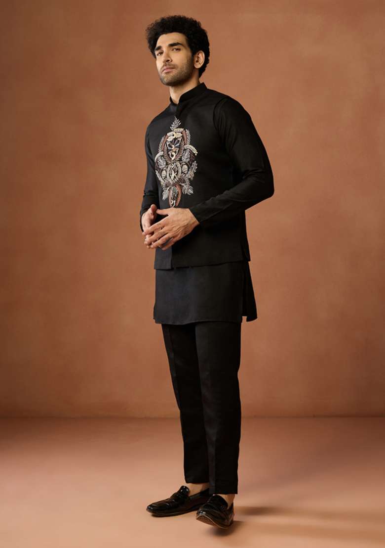 Black Embroidered Silk Blend Jacket For Men - Indya