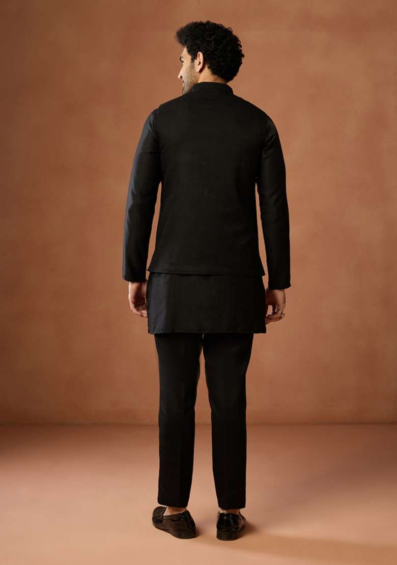 Black Embroidered Silk Blend Jacket For Men - Indya
