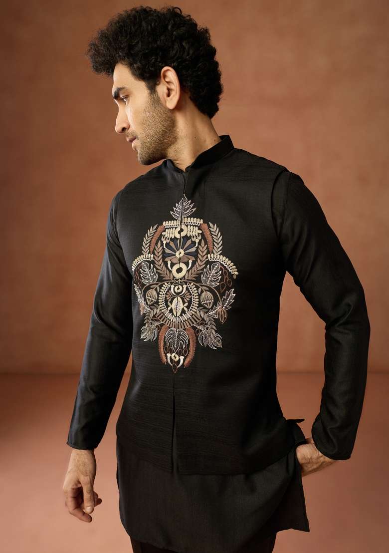 Black Embroidered Silk Blend Jacket For Men - Indya