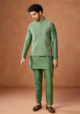 Green Embroidered Silk Blend Jacket For Men