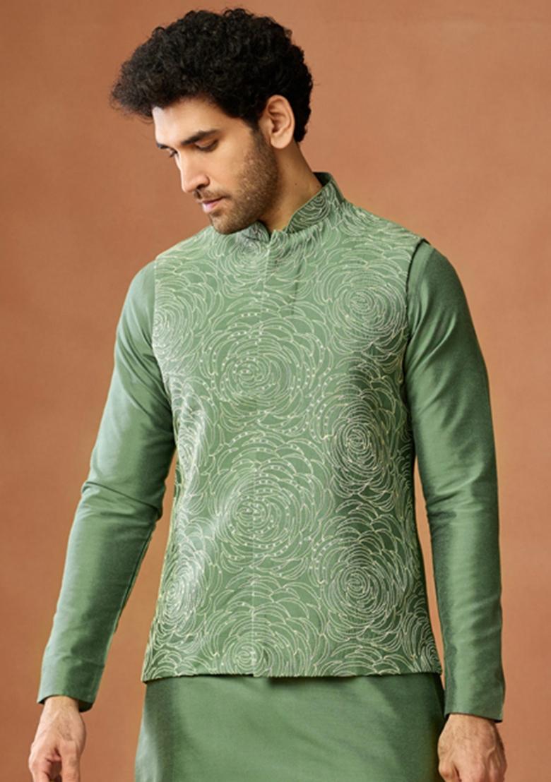 Green Embroidered Silk Blend Jacket For Men - Indya
