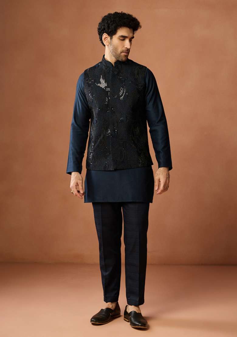 Blue Embroidered Silk Blend Jacket For Men - Indya