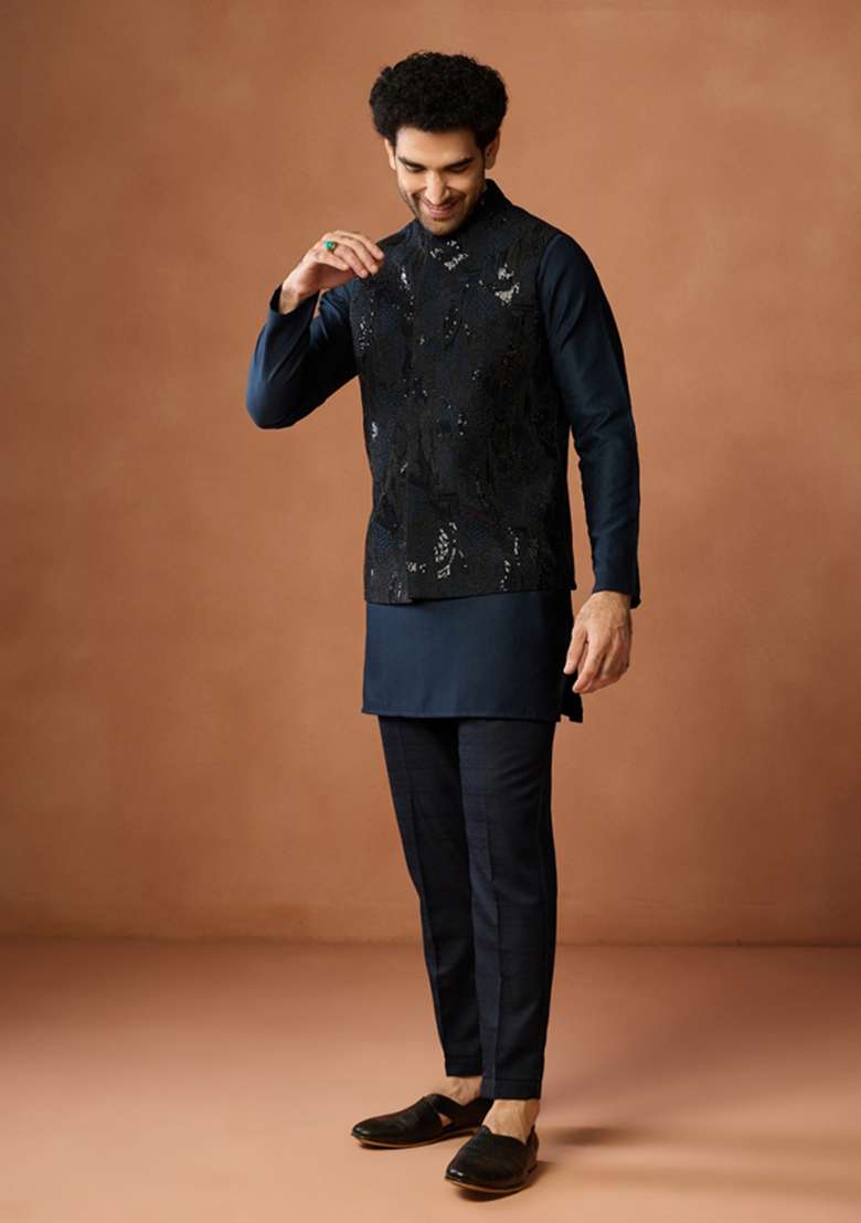 Blue Embroidered Silk Blend Jacket For Men - Indya