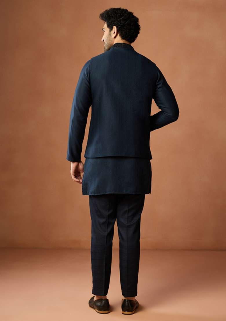 Blue Embroidered Silk Blend Jacket For Men - Indya