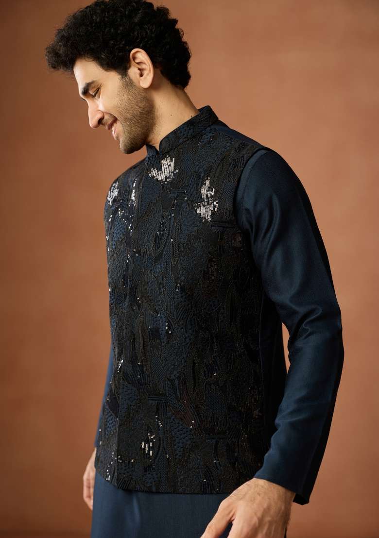Blue Embroidered Silk Blend Jacket For Men - Indya