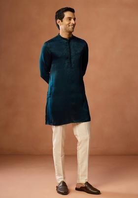 Blue Solid Silk Blend Kurta For Men