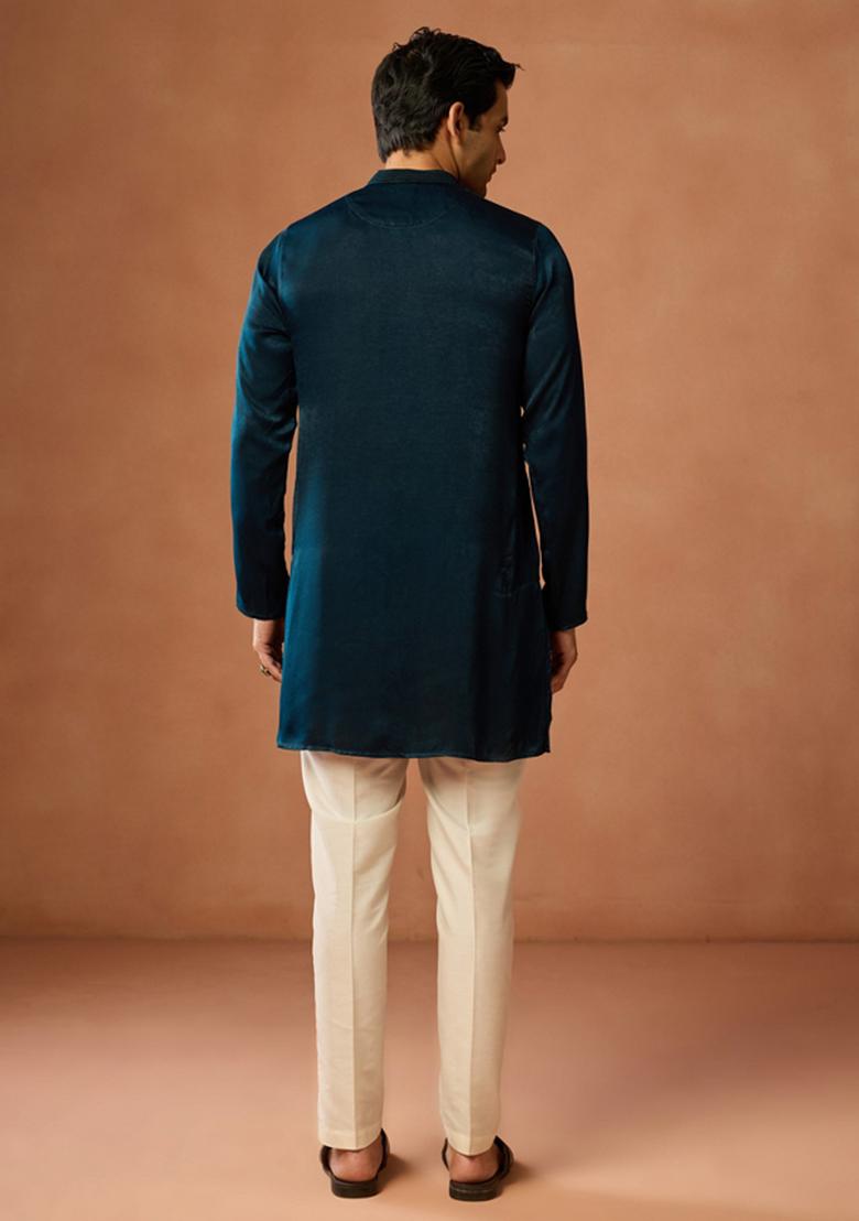 Blue Solid Silk Blend Kurta For Men - Indya