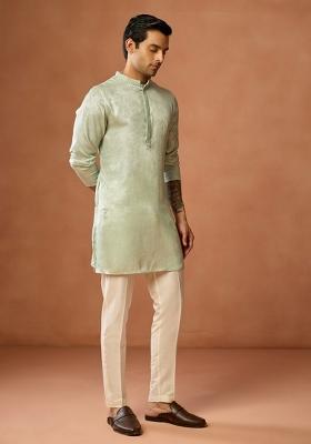 Green Solid Silk Blend Kurta For Men