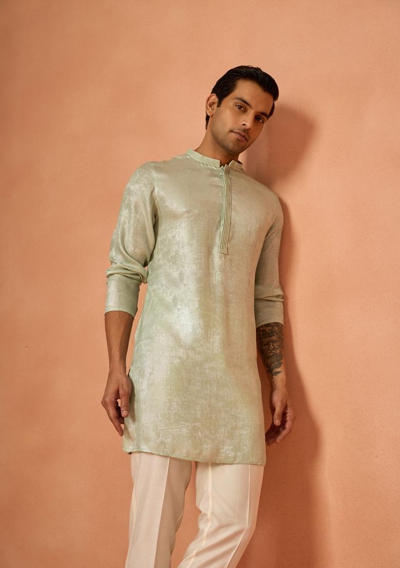 Green Solid Silk Blend Kurta For Men - Indya