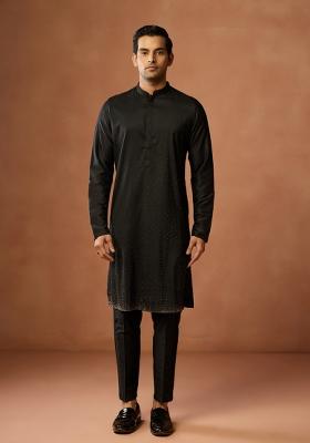 Black Embellished Silk Blend Kurta For Men