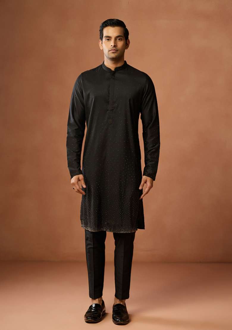 Black Embellished Silk Blend Kurta For Men - Indya