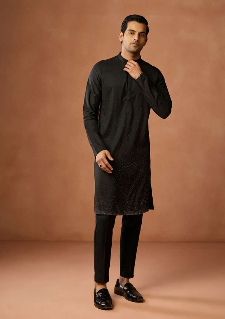 Black Embellished Silk Blend Kurta For Men - Indya