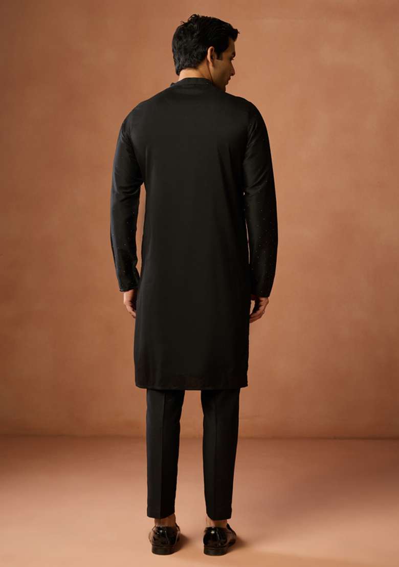 Black Embellished Silk Blend Kurta For Men - Indya