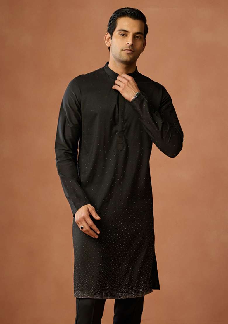 Black Embellished Silk Blend Kurta For Men - Indya