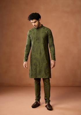 Green Embroidered Silk Blend Kurta For Men