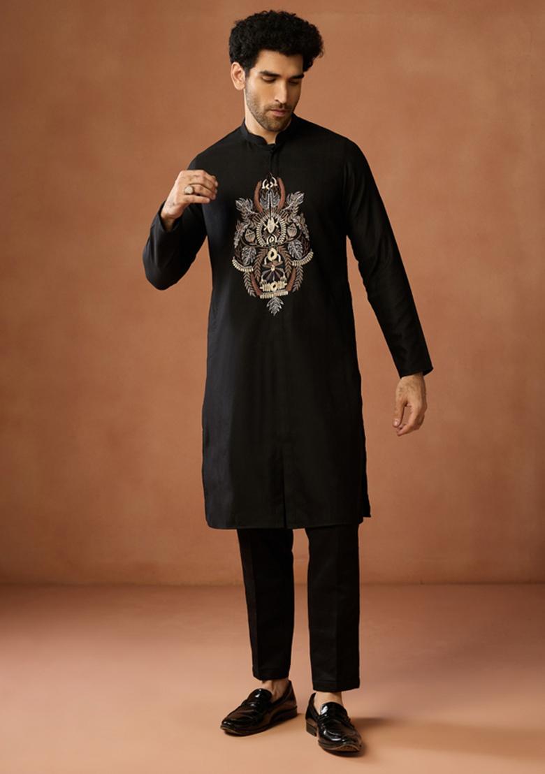 Black Embroidered Silk Blend Kurta For Men