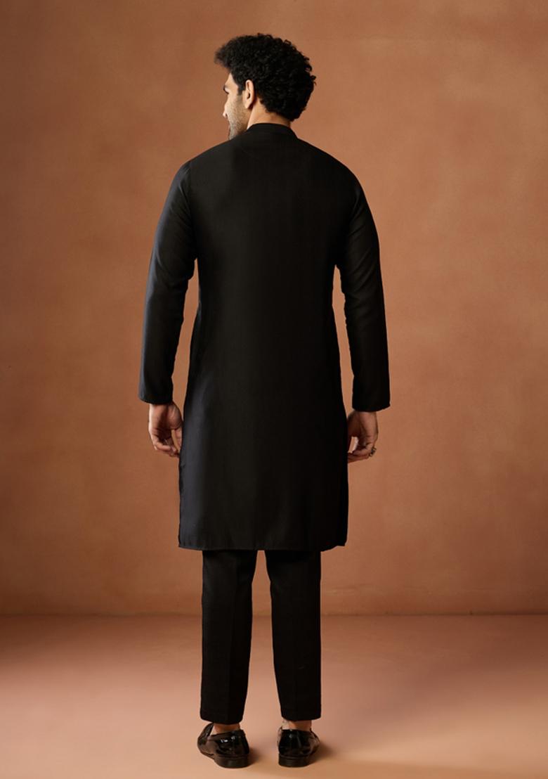 Black Embroidered Silk Blend Kurta For Men