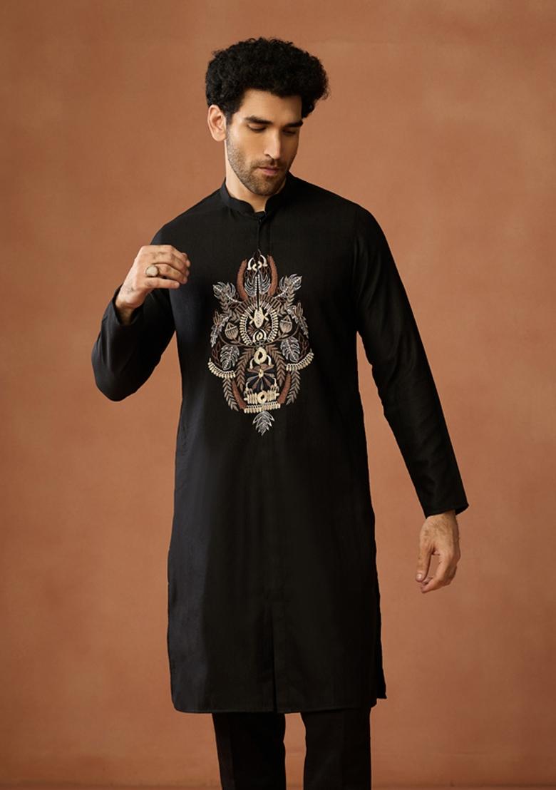 Black Embroidered Silk Blend Kurta For Men - Indya