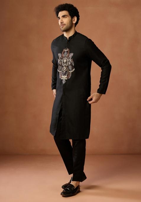 Black Embroidered Silk Blend Kurta For Men