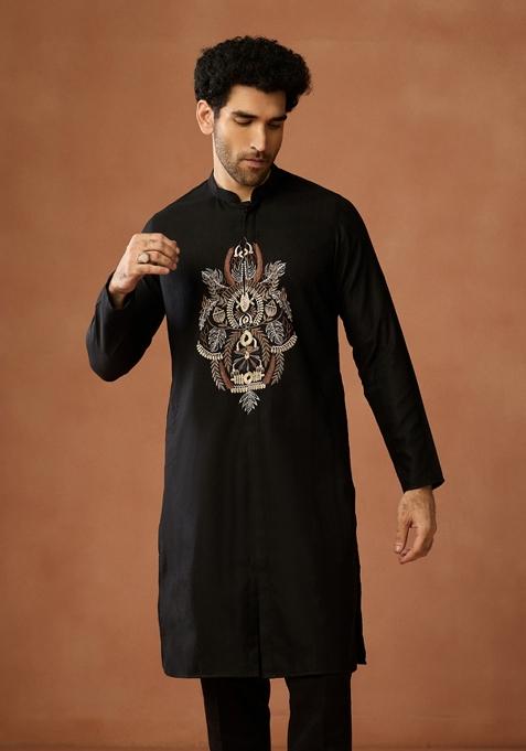Black Embroidered Silk Blend Kurta For Men