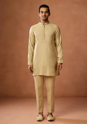 Cream Solid Silk Blend Kurta For Men