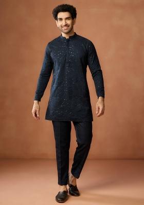 Blue Embroidered Silk Blend Kurta For Men