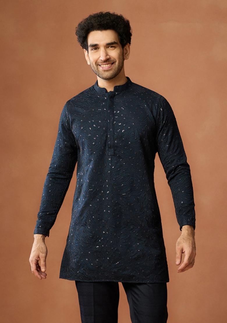 Blue Embroidered Silk Blend Kurta For Men