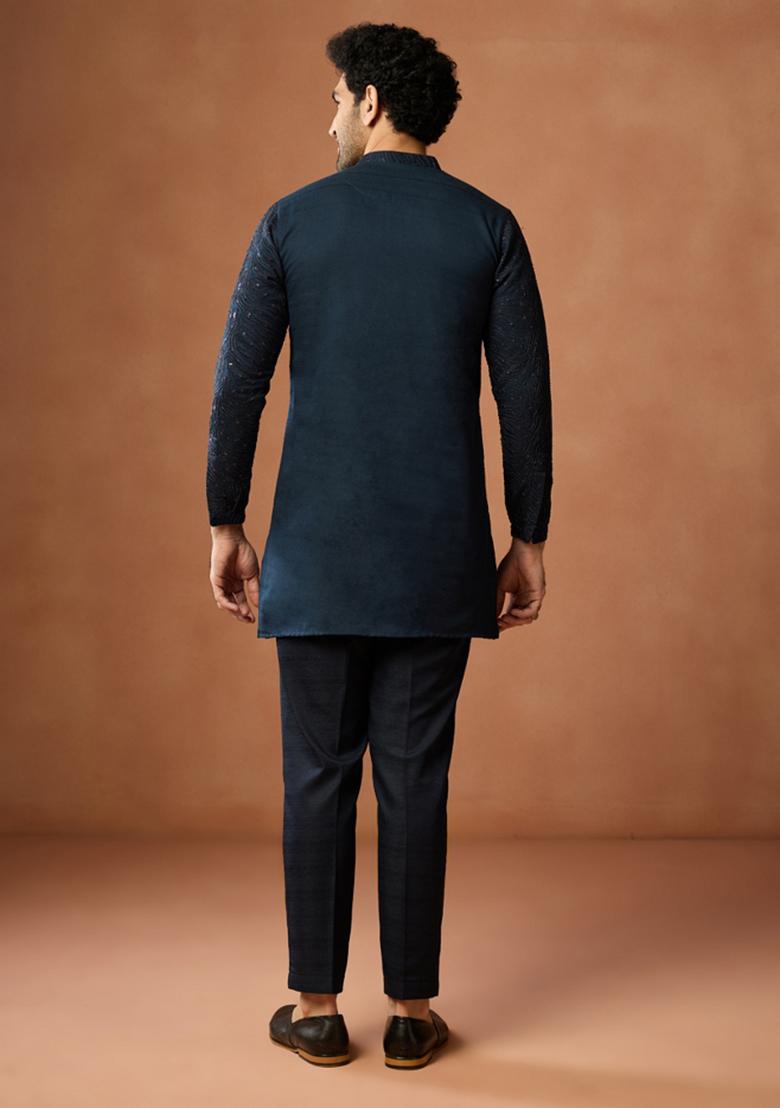 Blue Embroidered Silk Blend Kurta For Men